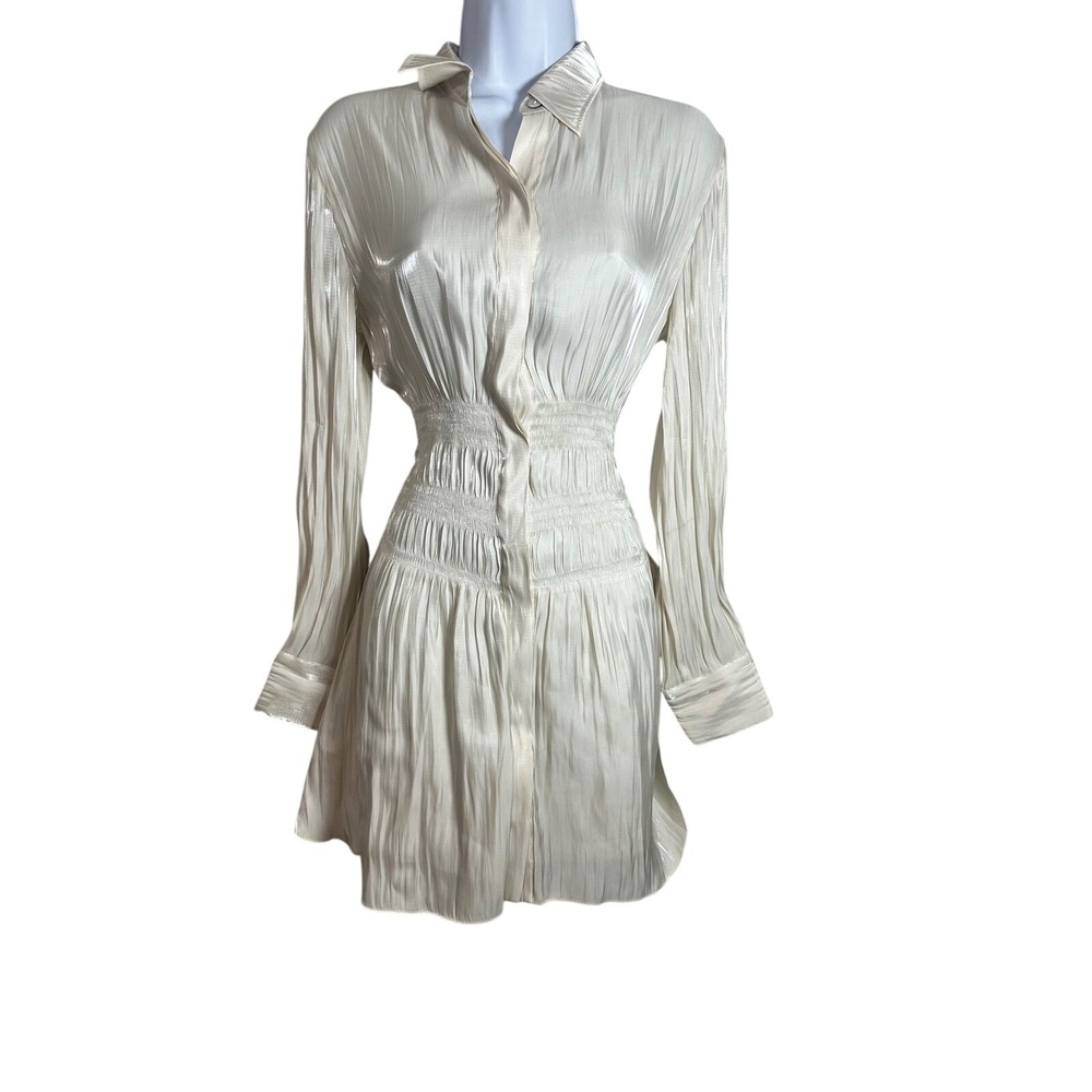 Deepmoss Cream Plissé Smocked Waist Mini Shirt Dress dm21ssDS10A3 Size 1 S